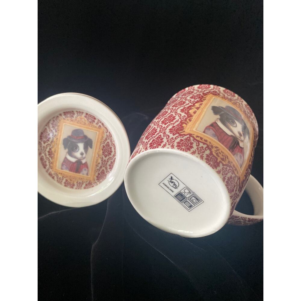 Efya Porcelain Tea Infuser Mug Red Damask Dapper Dog Portrait with Lid Strainer - Picture 11 of 12